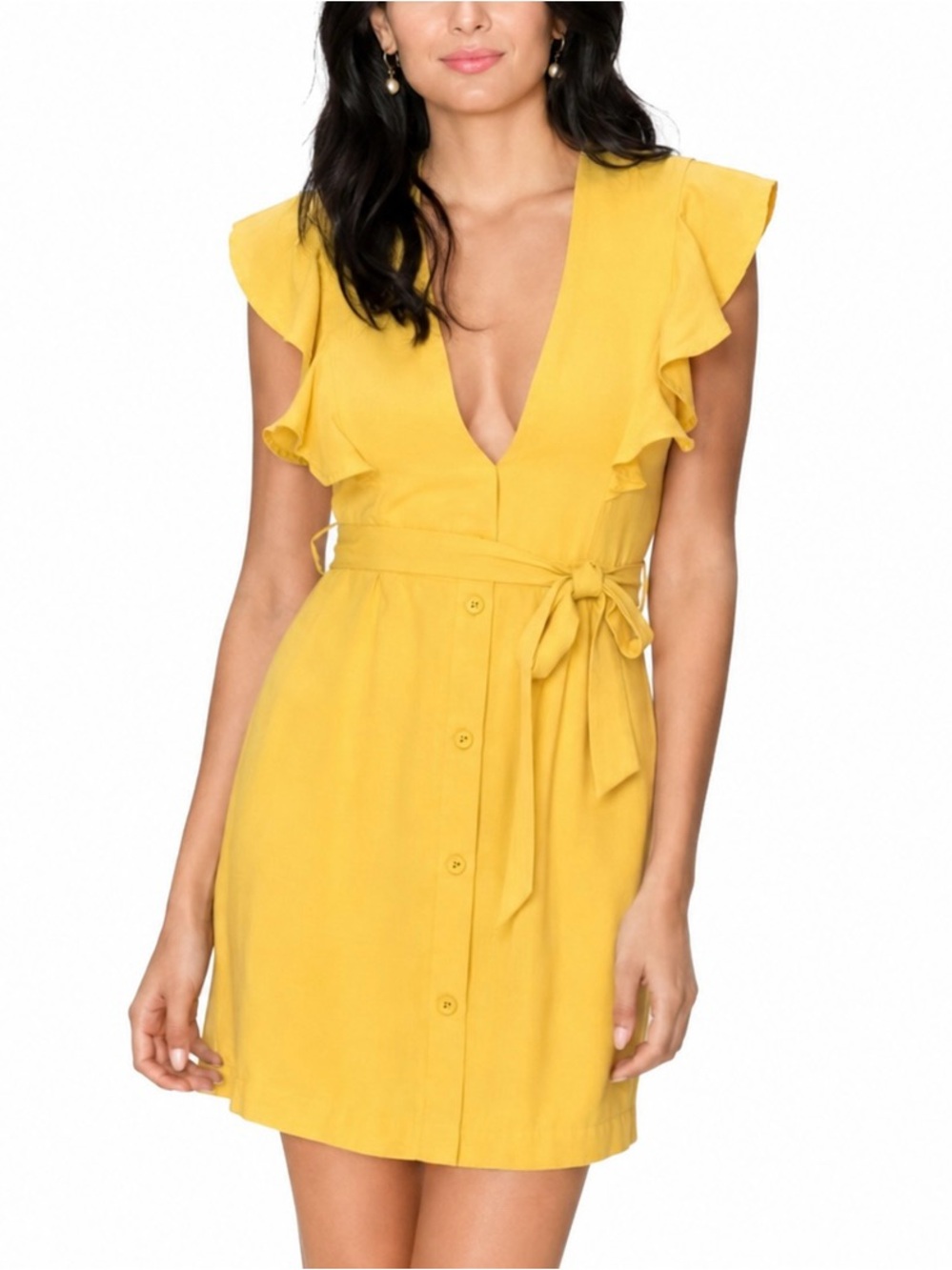 Favlux Mustard Yellow Ruffle Sleeve Tie Waist Button Front Dress Fall - L